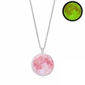 Luminous moon pendant necklace with pink galaxy texture and green glow effect in dark - Pink Moon - Green Luminous (JY008725-5)