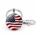 Porte-clés vintage drapeau USA avec pendentif rond en verre et fermoir mousqueton argenté - Drapeau américain 3D courbé argenté (JY008694-Argent 9)