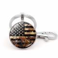 Porte-clés vintage drapeau américain avec pendentif rond rustique et fermoir mousqueton - Drapeau national artistique à motifs de feux d'artifice argentés (JY008694-Argent11)