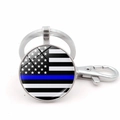 Porte-clés vintage drapeau américain Thin Blue Line avec pendentif rond et mousqueton - Drapeau d'Hommage Thin Blue Line Argenté (JY008694-Argent12)