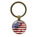 Vintage US flag glass dome keychain with antique bronze metal ring and distressed pendant - Worn Bronze (Bronze 3)