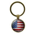 Vintage bronze keychain with round mosaic American flag pendant under glass - Mosaic Bronze (Bronze 4)