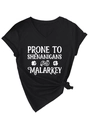 Detail of V-neck black T-shirt with white Prone to Shenanigans text and shamrocks - S / Black