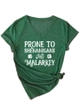 Detail of green heather V-neck T-shirt with white text and St. Patrick's clover print - S / Vintage Green