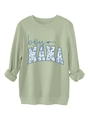 Detail of light green sweatshirt collar with floral boy MAMA textured graphic print - S / Olive Green
