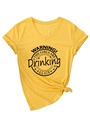 Detail of yellow V-neck T-shirt with warning girls drinking text and side knot hem - S / Yellow (Black Font)