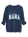 Detail of navy blue sweatshirt showing floral boy MAMA print and ribbed knit cuffs - S / Navy Blue