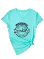 Detail of mint green V-neck T-shirt with slogan print and stylish front knot design - S / Deep Water Blue (Black Font)