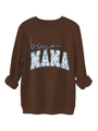 Detail of BOY MAMA floral lettering on a loose brown crewneck sweatshirt with ribbed cuffs - S / Coffee