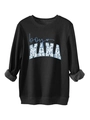 Detail of blue boy MAMA floral print and thick grey fleece lining on a black sweatshirt - S / Black