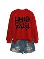Detail von rotem Langarm-Sweatshirt mit Hello Sixty Herzprint und Denim-Shorts - S / Rotes Sweatshirt (Schwarze Schrift)