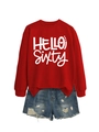 Detail der Textur des roten Hello Sixty Sweatshirts und Distressed-Denim-Shorts mit Fransensaum - S / Rotes Sweatshirt (Weiße Schrift)