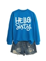 Detail of blue long sleeve sweatshirt and distressed denim shorts with Hello Sixty print - Lake Blue Sweatshirt (White Font)