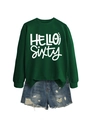Flat lay of a dark green sweatshirt featuring white HELLO SIXTY text and denim shorts - Dark Green Sweatshirt (White Font)