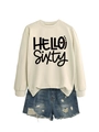 Detailed view of beige Hello Sixty crewneck sweatshirt paired with blue denim shorts - Sand Sweatshirt (Black Font)