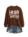 Detail view of dark brown HELLO SIXTY sweatshirt with ripped denim shorts set - Coffee Sweatshirt (White Font)