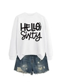 Detail view of HELLO SIXTY white sweatshirt paired with distressed blue denim shorts - White Sweatshirt (Black Font)