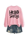 Pink Hello Sixty sweatshirt paired with distressed blue denim shorts for casual style - Pink Sweatshirt (Black Font)