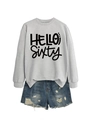 Close-up of Hello Sixty printed sweatshirt in light grey with distressed denim shorts - Grey Sweatshirt (Black Font)