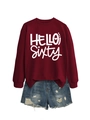 Flat lay of a burgundy 'HELLO SIXTY' sweatshirt paired with distressed denim shorts - Wine Red Sweatshirt (White Font)