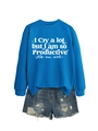 Detail of royal blue crewneck sweatshirt with white printed lettering and denim shorts - S / Lake Blue Sweatshirt (White Graphic)
