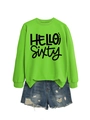Flat lay of bright green HELLO SIXTY sweatshirt paired with ripped blue denim shorts - Fluorescent Green Sweatshirt (Black Font)