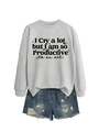 Detail of the graphic print text and distressed denim shorts on flat lay outfit - S / Grey Sweatshirt (Black Text)