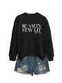 Detail of oversized black sweatshirt with white text and frayed denim shorts - S / Black Sweatshirt (White Letter Print)