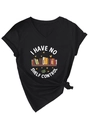 Detail of V-neck black T-shirt with 'I HAVE NO SHELF CONTROL' book graphic and side knot - S / Black