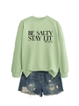 Mint green pullover sweatshirt with BE SALTY STAY LIT print and denim shorts outfit - S / Olive Green Sweatshirt (Black Letter Print)