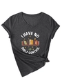 Detail of V-neck charcoal grey T-shirt with 'I HAVE NO SHELF CONTROL' book graphic - S / Black Heather Grey