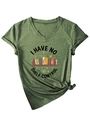 Detail of V-neck dark green T-shirt with 'I have no shelf control' bookish print and side knot - S / Olive Green