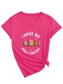 Detail of rose red V-neck T-shirt featuring creative book lover print and knot hem - S / Rose Red
