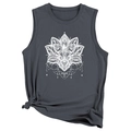 Detail eines grauen Tanktops mit weißem Lotus-Mandala-Print und modischem Seitenknoten - S / Dunkelgrau
