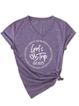 Detail of Girl's Trip 2025 graphic on heather purple V-neck T-shirt with front knot hem - Purple (White Font)