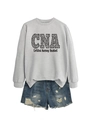 Flat lay of gray CNA Certified Nursing Assistant sweatshirt with leopard print and denim shorts - Grey (Black Font)