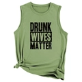 Detail of olive green tank top with front knot and Drunk Wives Matter slogan print - Olive Green (Black Font)