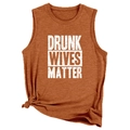 Detail of heathered orange tank top with Drunk Wives Matter print and side knot - Burnt Orange (White Font)