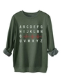 Detail eines olivgrünen Sweatshirts mit weißen Buchstaben und rotem Herzschlagmuster - S / Armeegrün