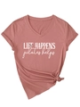 Detail of V-neck T-shirt in dark pink featuring a Life Happens Pilates Helps slogan - Rose Gold (White Print)