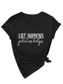 Close-up of black V-neck Pilates T-shirt showing minimalist text and side knot detail - Black (White Print)