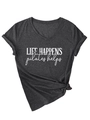 Detail of V-neck grey t-shirt with Life Happens Pilates Helps slogan and side-tie knot - Heather Grey (White Print)