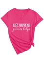 Detail of V-neck magenta t-shirt with Life Happens Pilates Helps print and side knot - Rose Red (White Print)