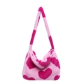 Sac à épaule en peluche avec motif cœur rose et rose foncé en fausse fourrure douce - Rose foncé
