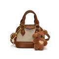Mini-Umhängetasche in Muschelform aus Kontrast-Kunstleder und Canvas mit Hundeanhänger - Braun Beige Mit Anhänger