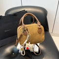 Retro mustard yellow corduroy Boston bag with brown leather straps and cute charms - With Pendant / Brown