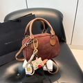 Brown corduroy Boston handbag with leather handles and cute plush bear charm - With Pendant / Brown
