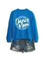 Detail of blue crewneck sweatshirt featuring white I DON'T DANCE printed text - Lake Blue (White Font)