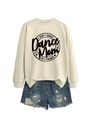 Detail of beige I DON'T DANCE sweatshirt paired with ripped light blue denim shorts - Sand (Black Font)