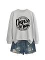 Flat lay of a grey crewneck sweatshirt with 'Dance Mom' print and ripped denim shorts - Grey (Black Font)